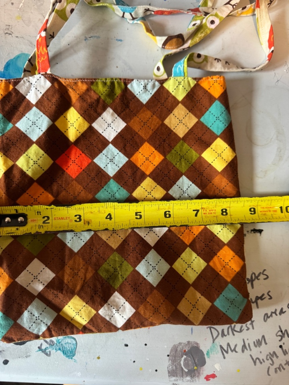 Handmade Reversible Art Tote Project Bag Owl & Argyle - Picture 8 of 10